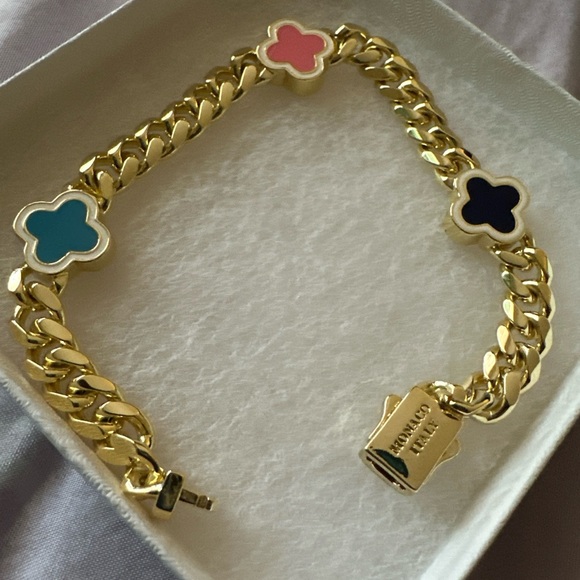 Chunky style multicolor clover 14 karat gold filled over brass style bracelet. - Picture 7 of 9